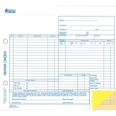 Repair Order 3-Part Carbonless 8-1/2" x 7-5/8" 100 Pack