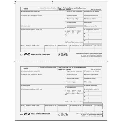 W-2 Laser Employer 2-UP (2 Forms Per Sheet) St/City Copy 