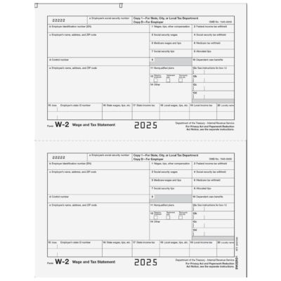 W-2 Laser Employer 2-UP (2 Forms Per Sheet) St/City Copy 